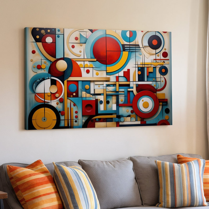 Toile, composition abstraite vibrante dans un style cubiste avec art mural, arrangement dynamique de formes géométriques incluant des cercles, art mural