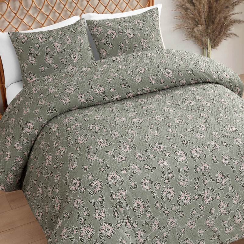 Botanical Embossed Polyester Bedding Set, King Duvet Cover + 2 King Shams