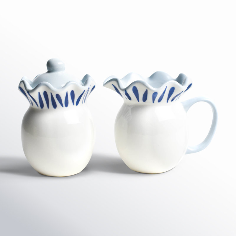 Iris Blue Ceramic Sugar And Creamer Set with Lid