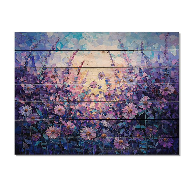 Décoration murale lavande couleurs champ de fantaisie II - marguerites sur bois de pin naturel, H 34 po x l 44 po x P 0,78 po