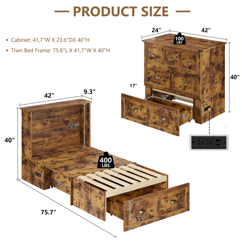 Arlina Farmhouse Twin Murphy Bed With Charging Station & Storage Drawer, Rustic Brown, Brown