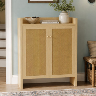 Farmhouse Rattan Shoe Storage Cabinet with Doors, Freestanding Wooden Organizer with 6 Tier Capacity and Four Adjustable Shelves for Entryway, Hallway, and Living Room