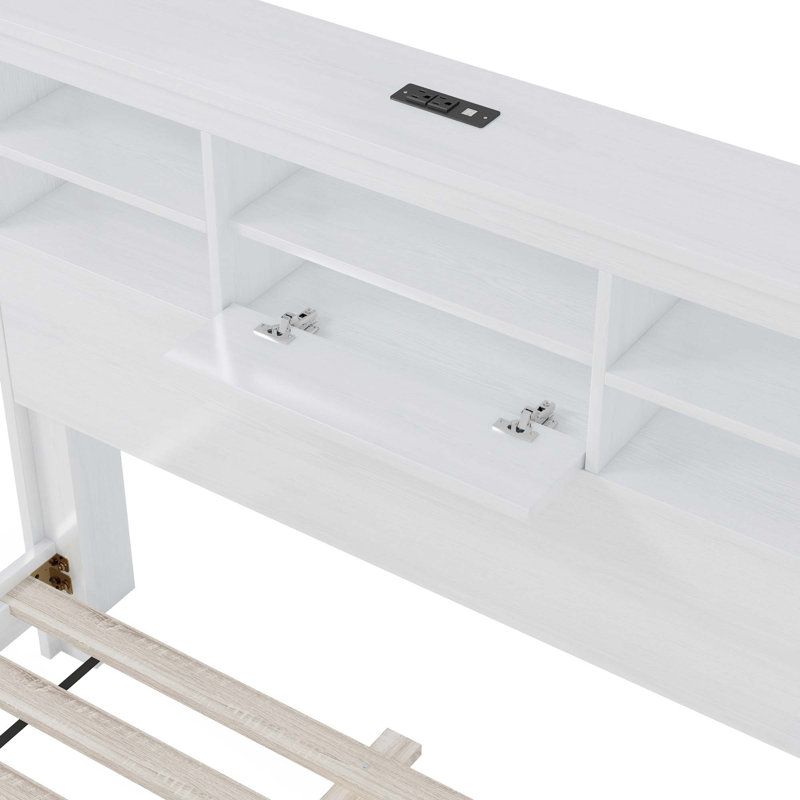 Queen Size Vintage Platform Bed,With Storage Headboard and Charging Station, White, White