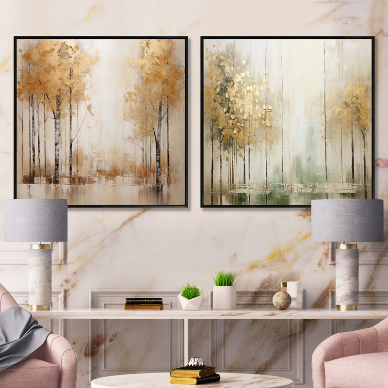 Minimalisme - Ensemble de 2 collages carrés forêt et or, Cadre flottant noir, H 16 po x l 33 po