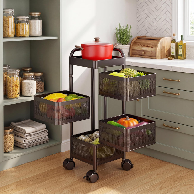 Chariot de rangement rotatif à 4 niveaux pour cuisine en acier au carbone avec roulettes et couvercle, Black
