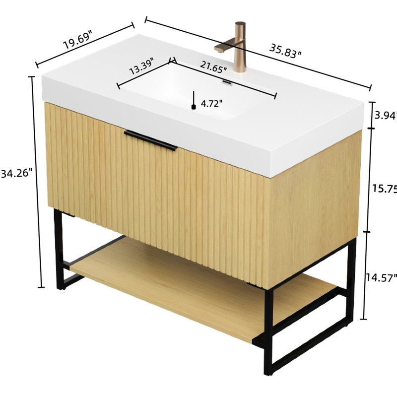 Meuble-lavabo autoportant de 36 po avec lavabo intégré en résine blanche, armoire en chêne, tiroir et tablette ouverte, grattoir, facile à entretenir, coulisses de contreplaqué encastrées en contreplaqué, pré-assemblé, preuve