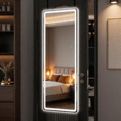 LED Door Mirror Full Length, 44.1" x 15.8" Lighted Over The Hanging, Full Body Wall Mounted, Light Up Long Dressing, Round White