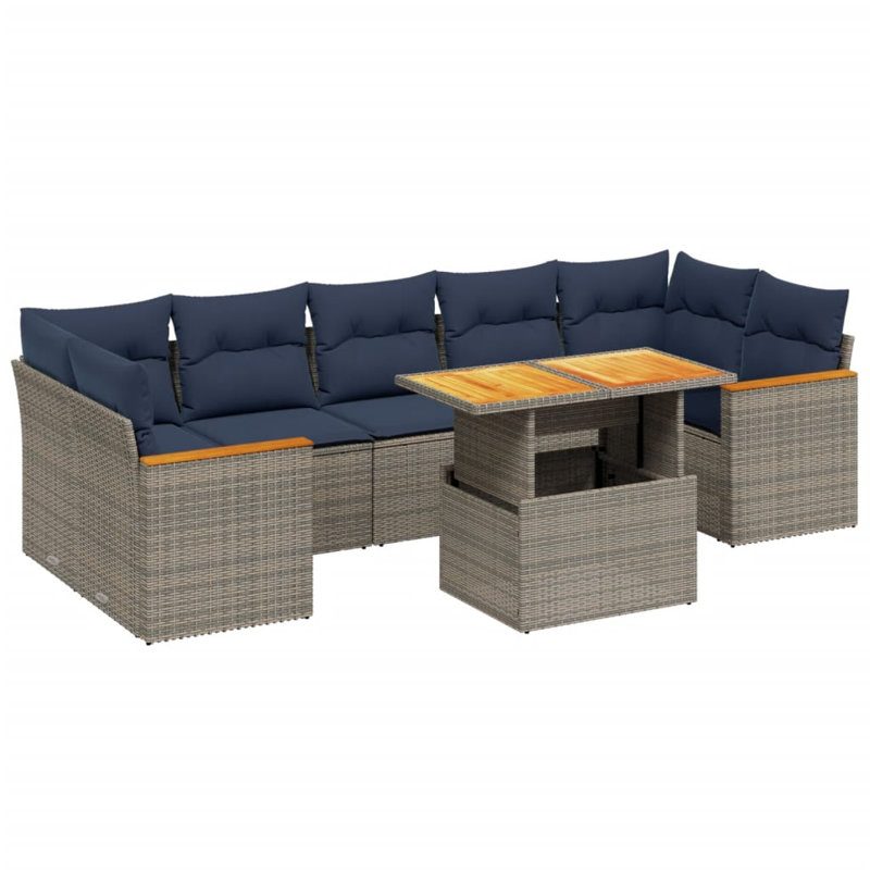  8 Piece Patio Sofa Set With Cushions Poly Rattan, Gray, Blue