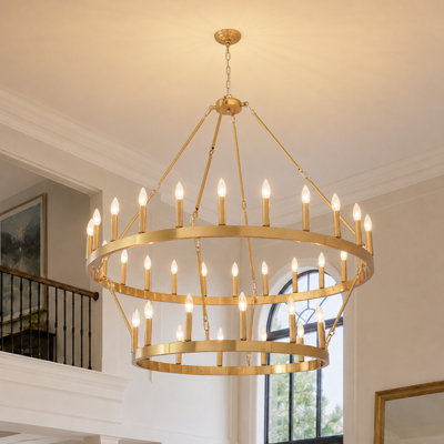 Lustre à 36 lumières sur 2 niveaux en forme de roue de chariot, suspension circulaire en bronze de style ferme pour hall d'entrée