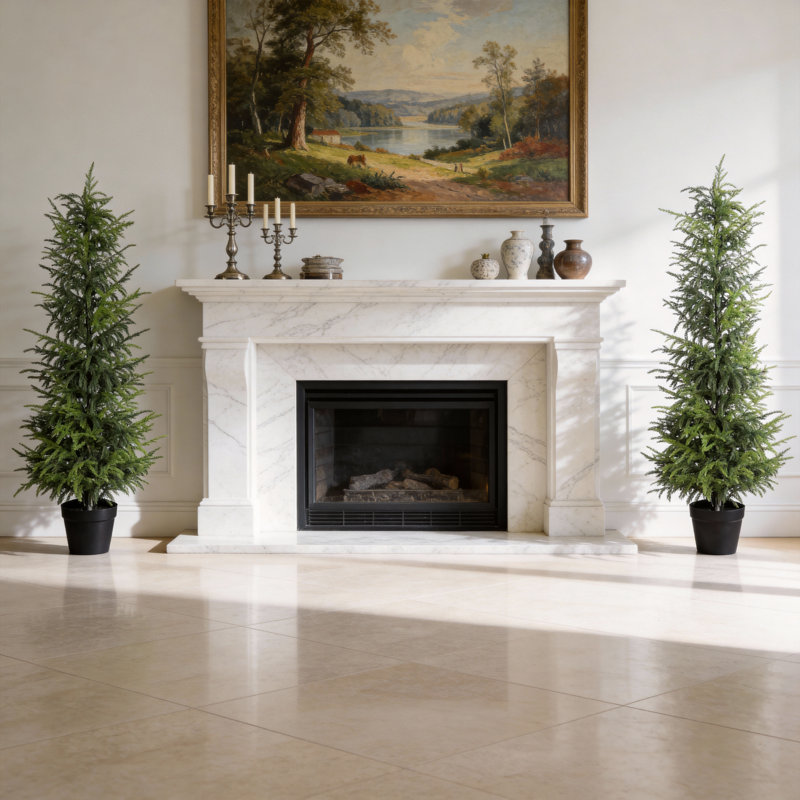 Ensemble de 2 pins de Norfolk artificiels en pot, aspect réaliste, 53 x 53 x 152 cm, plastique, 1 ensemble, pins de Norfolk artificiels, vert, ensemble de deux arbres en pot assortis encadrant une entrée
