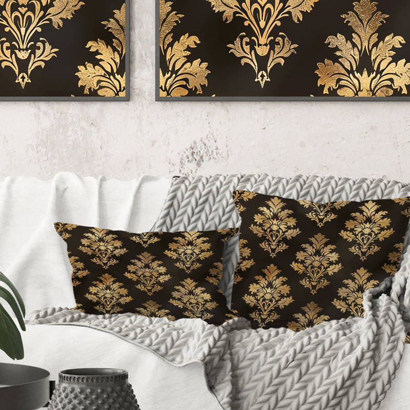 Coussin décoratif damassé Glam Patten II - Glam, H 18 po x H 18 po, Brun / or