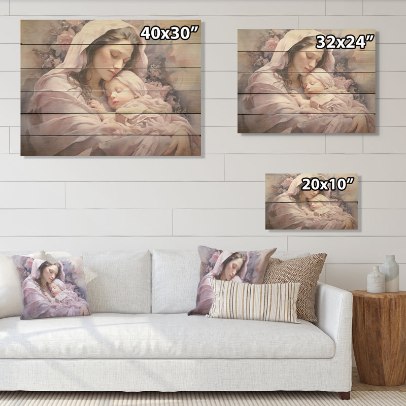 «Marys Maternal Mauve Christanism - Christianity Wood», art mural sur bois de pin naturel, H 30 po x l 40 po