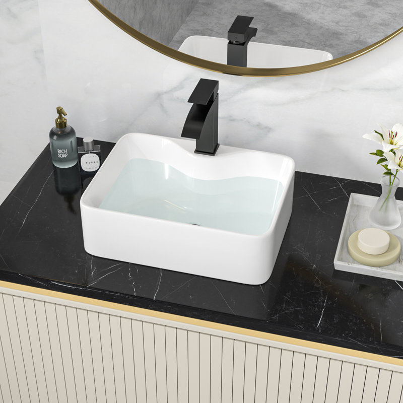 16" L x 12" W Rectangular White Ceramic Vessel Bathroom Sink with Faucet and Pop-Up Drain Combo