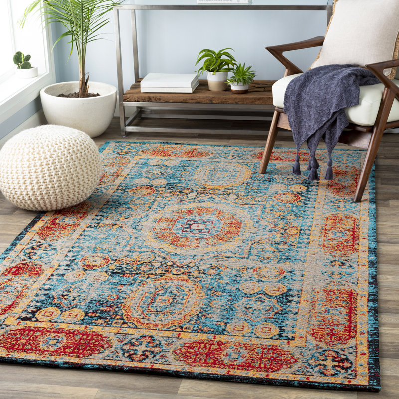 Tapis bleu clair / safran tissé à plat à la main Aoi, Rectangle 5 pi x 7 pi 6 po