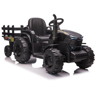 Tracteur électrique 12V pour enfants avec deux moteurs 35 W, remorque amovible, lumières DEL et entrée MP3