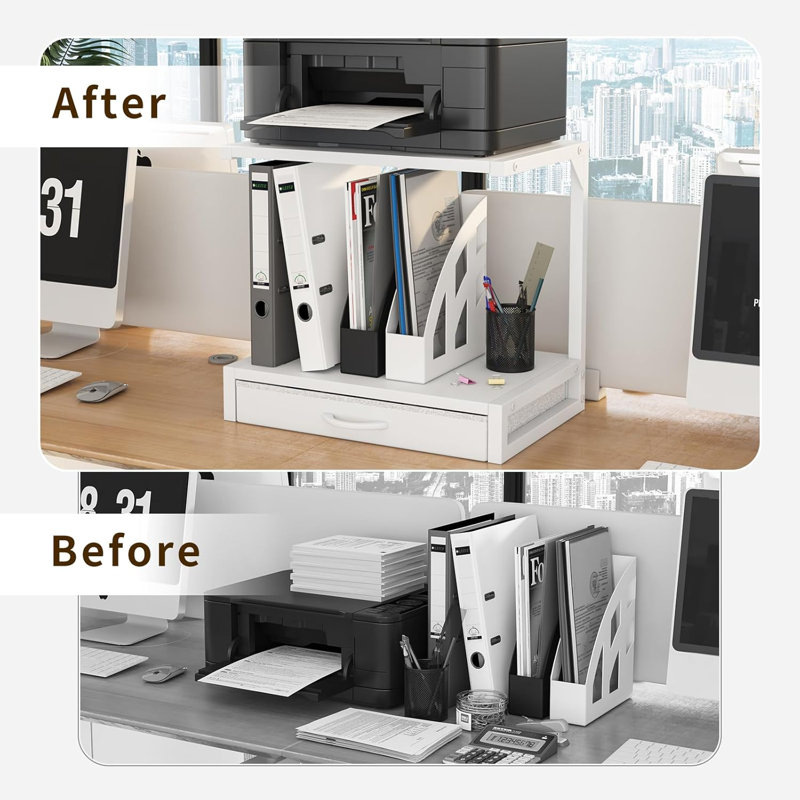 2-Tier Desktop Printer Stand With Fabric Drawer, Sturdy Home Office Organizer For Printers, 3D Printers, Fax Machines, Scanners, Compact And Space-Saving Design