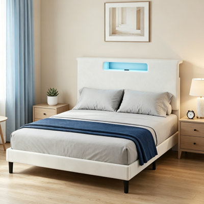Full Size Upholstered Bed Frame With High Headboard Adjustable LED Lights Charging Port Wood Slat Support Platform Bed Frame With Storage Function No Box Spring Needed Easy Assembly