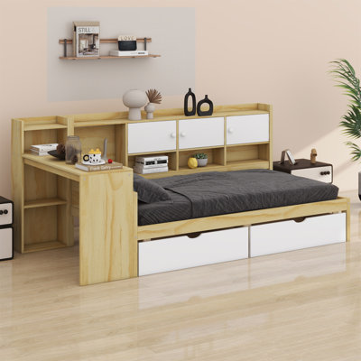 Wooden L-Shape Daybed With Seven Storage Cabinets And Two Storage Drawers,Multi-Functional Bed With Study Desk