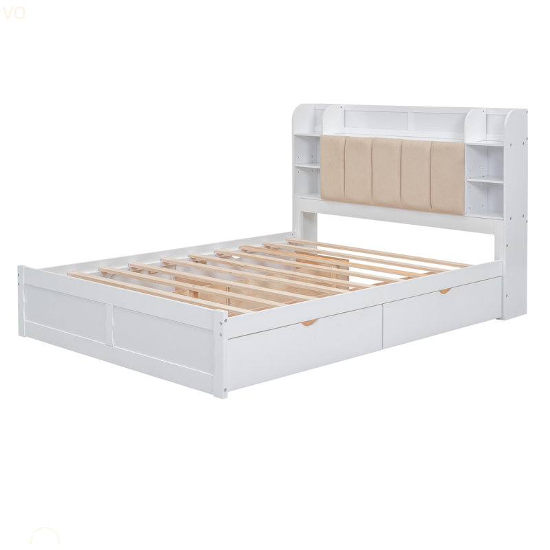 Lit plateforme en bois grand avec tête de lit, tablettes et 4 tiroirs, cadre de lit