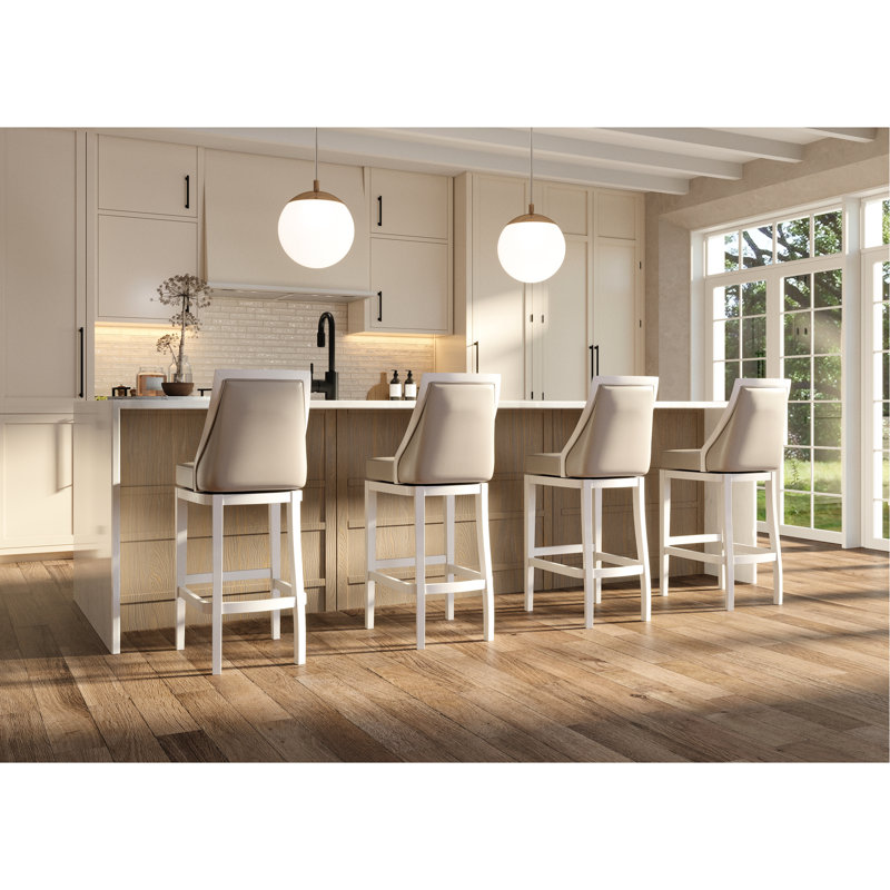 Tabouret de comptoir de 26 po, structure blanche, similicuir gris, pivotant à 180 degrés avec retour automatique, siège spacieux de l 18,5 po x P 17 po, assemblage articulé au doigt, patins de protection en plastique