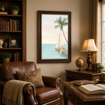 Art mural antique sur toile encadré doré pour le salon, la chambre à coucher, le bureau ou le vestibule - Décoration murale décorative avec voile tropicale