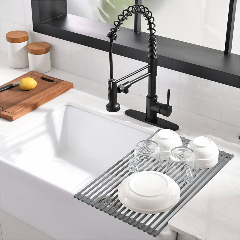 Robinet de cuisine de purificateur d'eau potable avec support de séchage pour vaisselle, robinet d'évier de cuisine rétractable (noir mat)
