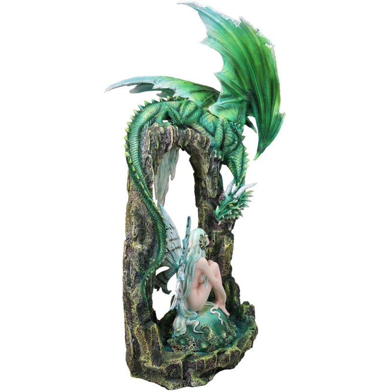 Grande statue de fée elfe avec dragon vert émeraude par des cristaux de glace