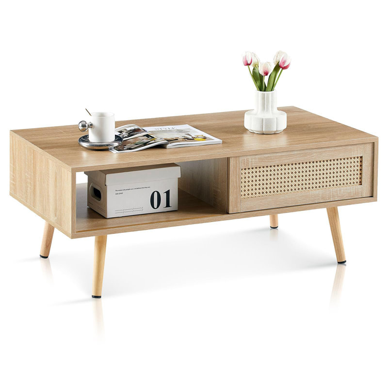 Natural Wood Mid Century Modern Coffee Table with Rattan Storage