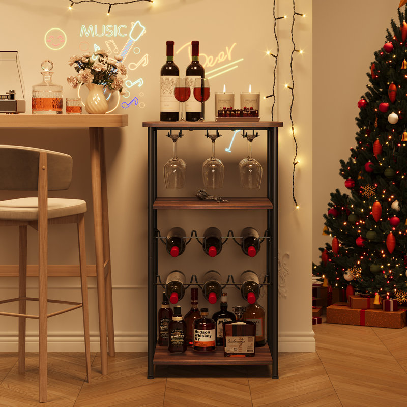 2-Tier 6 Bottles Wine Rack Free Standing Floor With Wine Glasses Holder,Wooden Table Top 