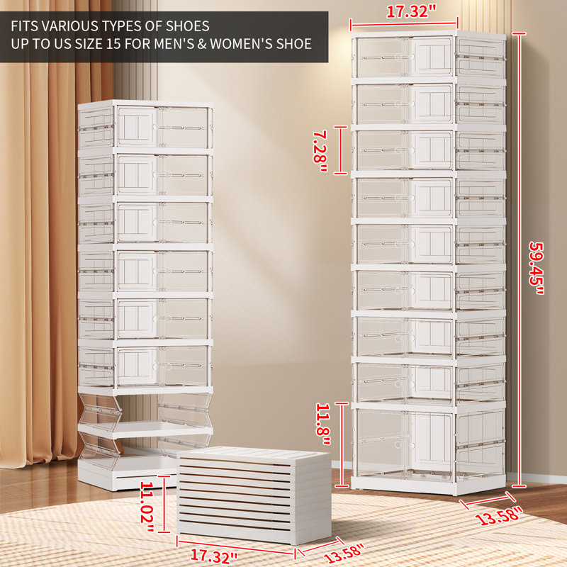 9 Tiers 9-18 Pairs Plastic Stackable Shoe Storage Cabinet For Entryway Easy Assembly, Clear