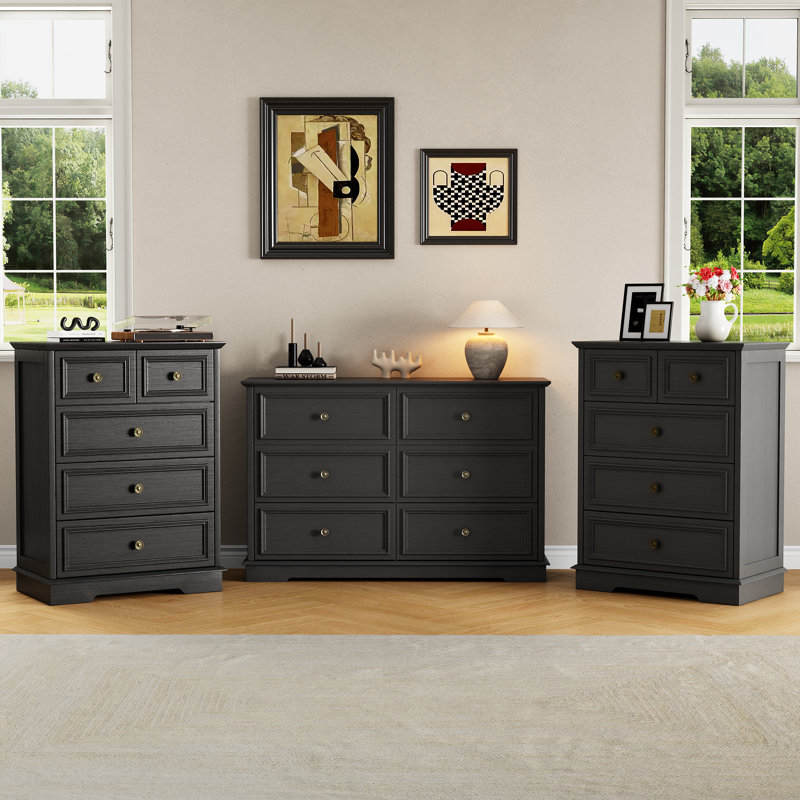 Vintage 3-Piece Bedroom Set: Fluted 6-Drawer Double Dresser and Two 5-Drawer Tall Chests (Set of 3), Black