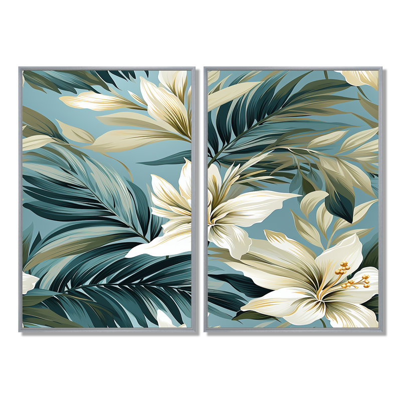 Motif tropical côtier neutre 2 pièces, Silver, 36" H x 48" W, Impression encadrée flottante