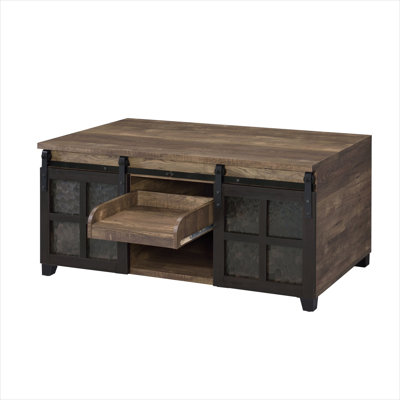 Living Room Solid Wood Coffee Table with Sliding Barn Doors, Brown and Black, 47.5 Inches