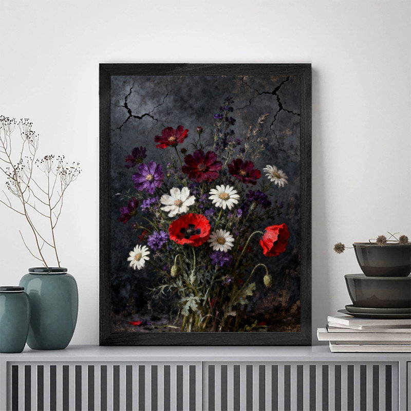 Art mural noir, nature morte et floral gothique, impression de cadre fantaisiste foncé rétro, H 11 po x l 9 po