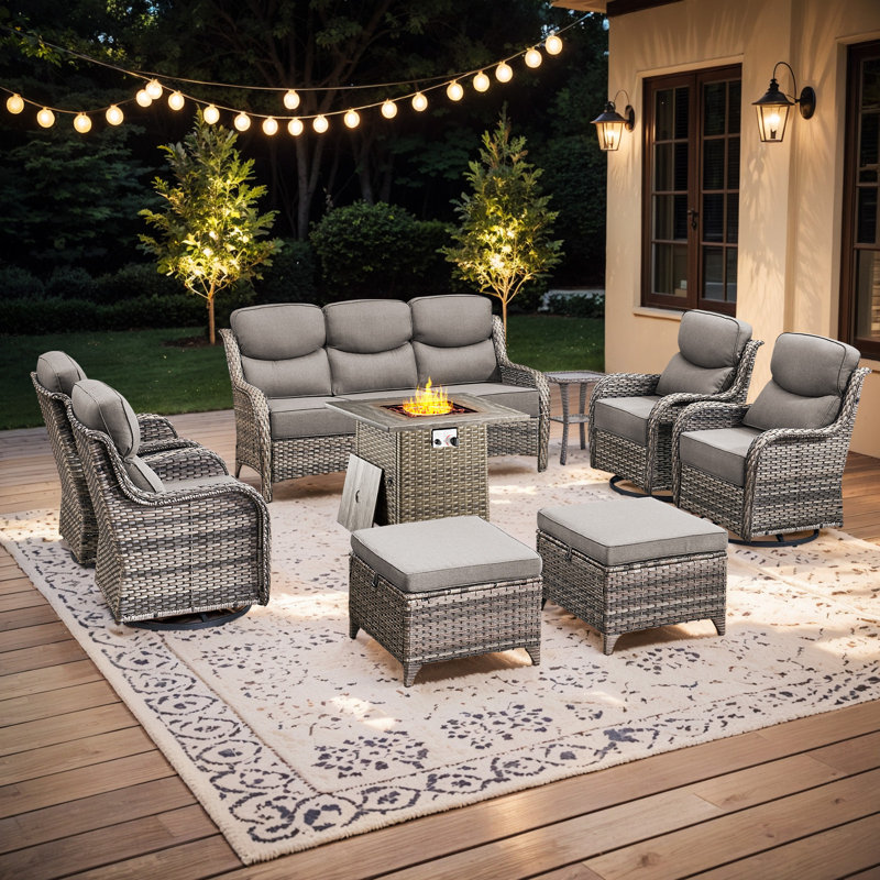 Prunier 9-Piece Outdoor Wicker Patio Conversation Set With Square Fire Pit, 3-Seat Sofa, Ottomans, 4 Swivel Gliders And Side Table