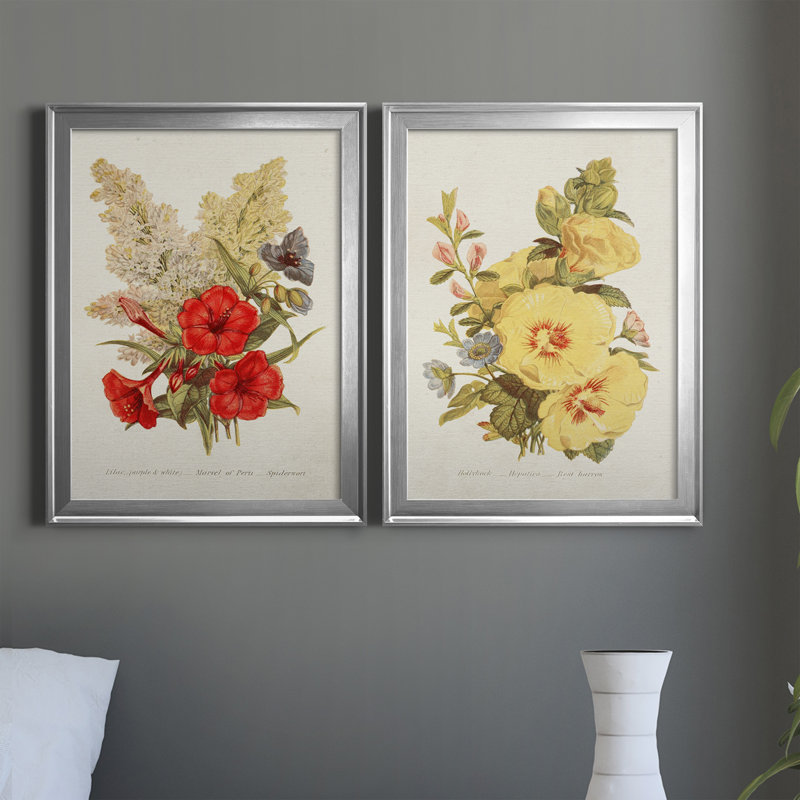Antique Floral Bouquet V - Ensemble de 2 impressions sur toile encadrées, H 36,5 po x l 26,5 po x P 1,25 po, Cadre argenté