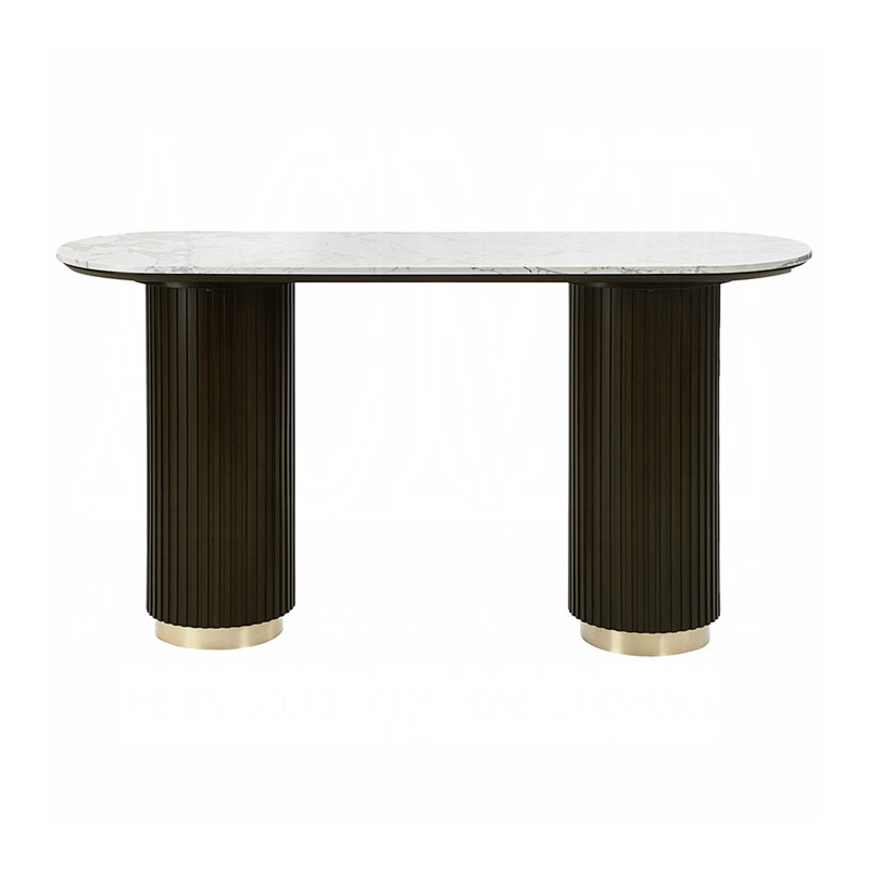 Table de canapé ovale avec plateau en faux marbre blanc et espresso