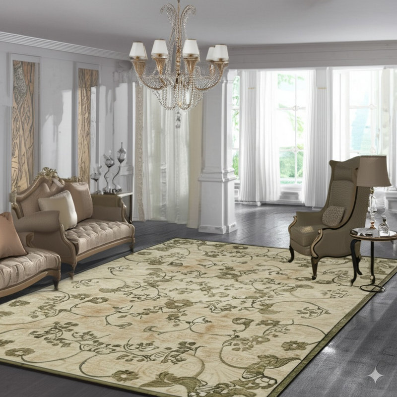 Ivory Hand-Knotted Wool Floral Scrollwork Geometric Modern Contemporary Carpet Rug, 9' x 12'