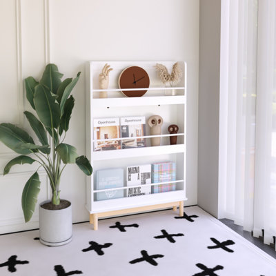 Wall-Mounted Kids Bookshelf with 3 Front-Facing Display Shelves, Modern White Book Rack with Natural Wood Base for Toddler Bedroom, Nursery or Playroo by Isabelle & Max