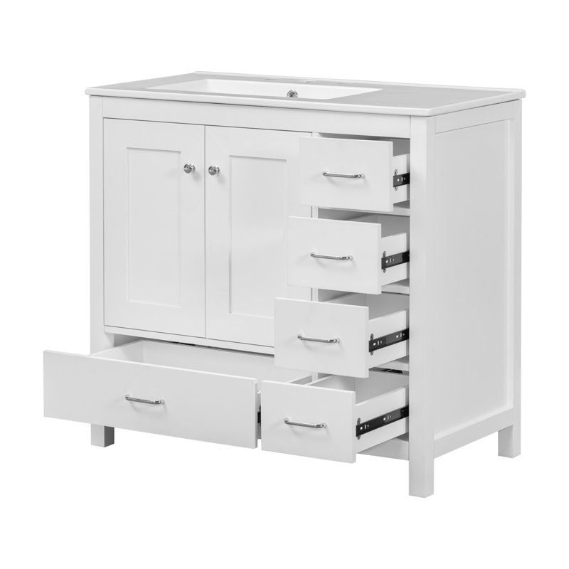 36" White Bathroom Vanity with Ceramic Sink Combo, Abundant Storage Cabinet -2 Soft-close doors and 5 drawers