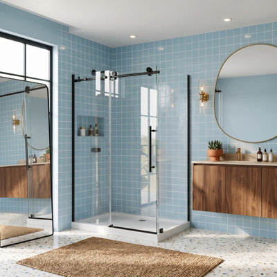 Cabine de douche coulissante en coin sans cadre, 112-122 cm L x 81 cm P x 183 cm H, avec verre trempé de 8 mm, noir mat