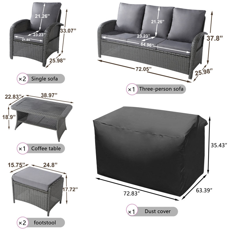 6 Pieces Outdoor Wicker Patio Conversation Set with Reclining Chairs, Ottomans & Furniture Cover, Gray