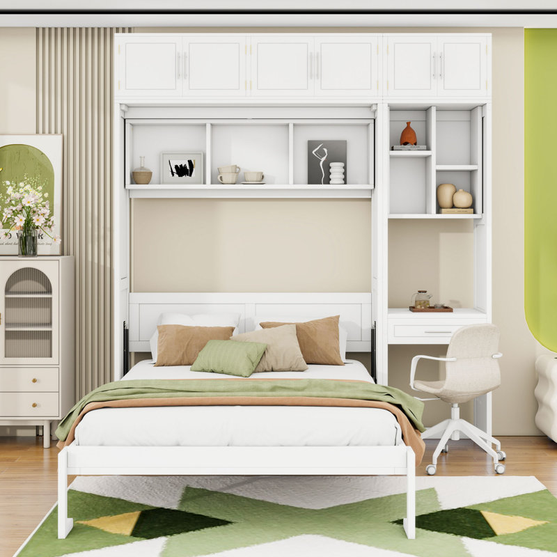 Lit escamotable avec armoires, bureau encastré et tablettes Murphy, Grand lit, Gris