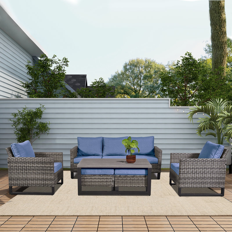 Nazime Wicker 5 - Person Patio Conversation Set with Cushions, Blue, Gray