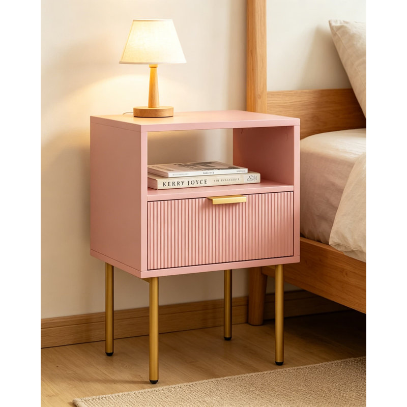 Table de chevet avec cadre doré, table de chevet moderne avec tiroir et tablette, petite table de bout pour le salon de la chambre à coucher, motif à rayures roses