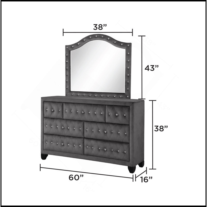 Sophia Modern Style Crystal Tufted Upholstery Mirror Finished With Velvet Fabric Made With Wood (INCLUDES MIRROR ONLY), Gray