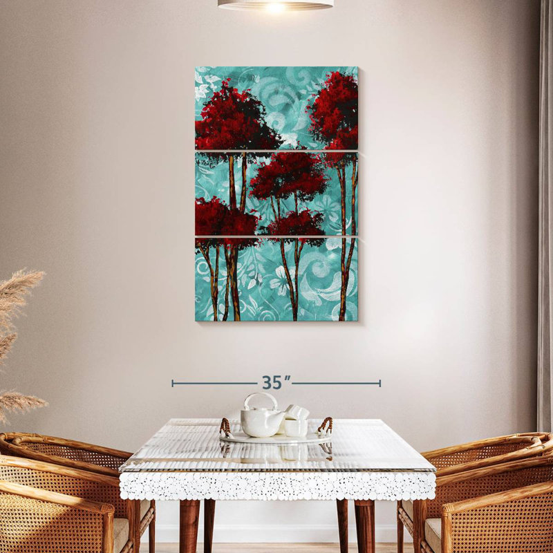 Harnek, fleurs turquoise et arbres rouges, H 45 po x l 28 po