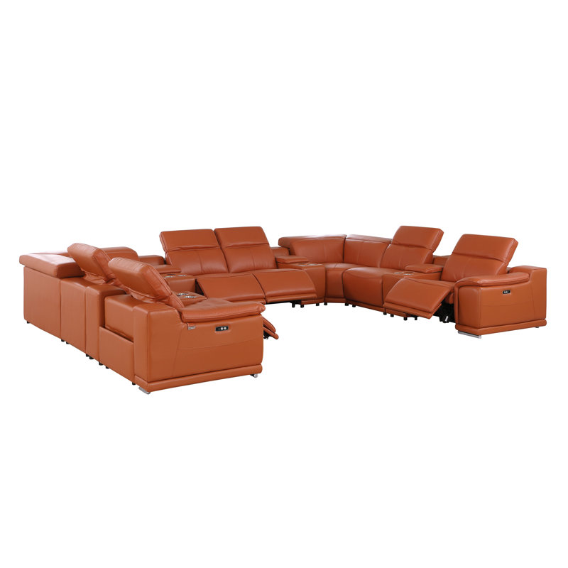 Kitanna 12 Piece 4 Power Recliner Top Grain Italian Leather Sectional, Camel Genuine Leather