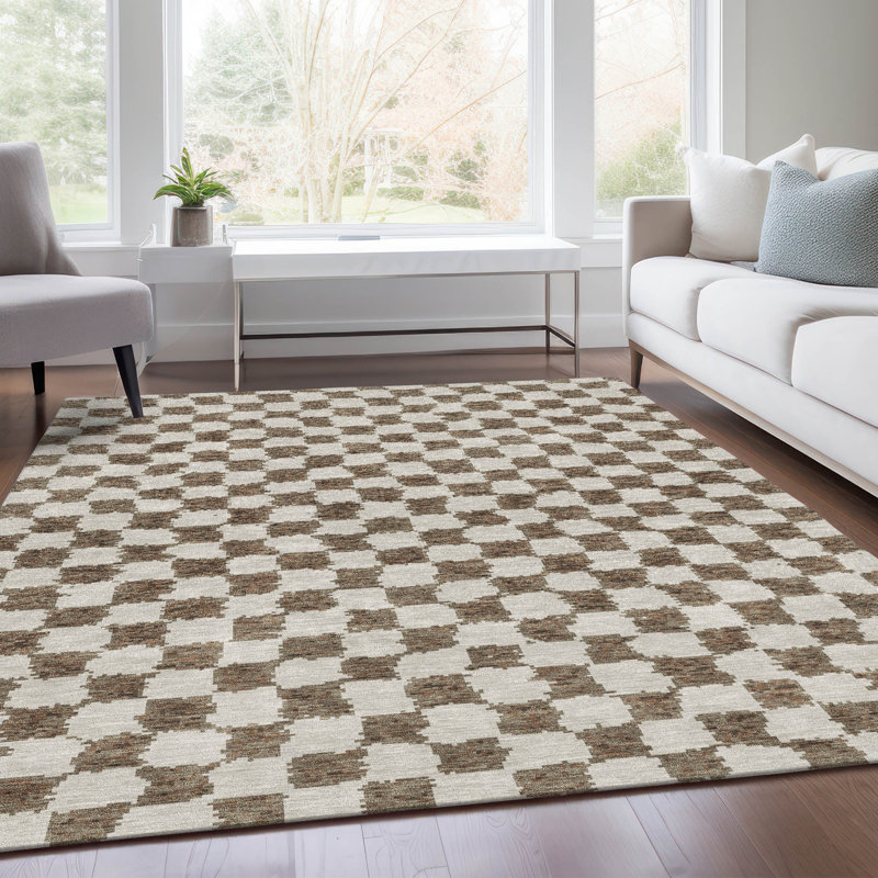 Tapis intérieur / extérieur brun lavable à la machine Xhevrie, Rectangle 9 pi x 12 pi