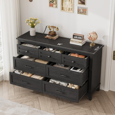 Commode 7 tiroirs, coffre de rangement en bois de 54 po de largeur pour la chambre à coucher, le salon et le vestibule